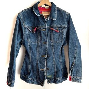 Pepe Jeans vintage Blue Denim Jacket with Red aztec pattern fabric detail